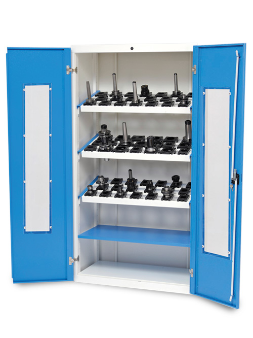 CNC-Vitrinenschrank Tiefe 500, R36-16, 2 x Sichttüre aus Plexiglas, inkl. 3 x CNC-Werkzeugaufnahmerahmen, 1 x Fachboden