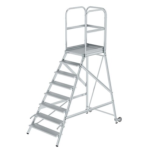 Podesttreppe einseitig begehbar mit Rollen und Griffen Aluminium geriffelt 8 Stufen 56108 Podesttreppe einseitig begehbar mit Rollen und Griffen Aluminium geriffelt 8 Stufen