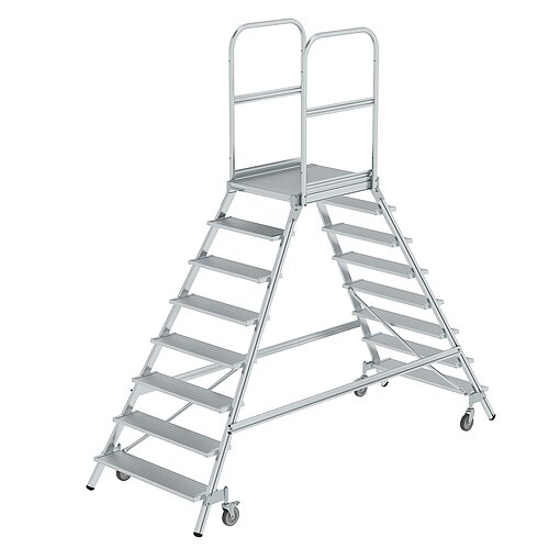 Podesttreppe beidseitig begehbar mit Federrollen Aluminium geriffelt 8 Stufen 50208 Podesttreppe beidseitig begehbar mit Federrollen Aluminium geriffelt 8 Stufen