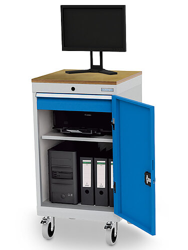 Computerschrank mobil, Tiefe 500 mm, 1 x Schublade, 1 x Fachboden, 1 x Flügeltüre