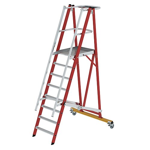 Plattformleiter GFK/Alu klappbar und fahrbar mit GFK-Handlauf 8 Stufen