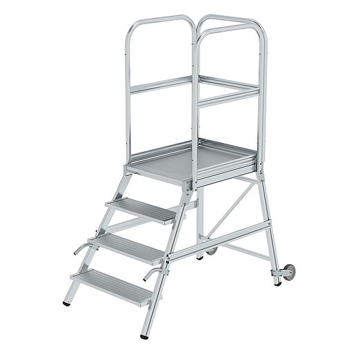 Podesttreppe einseitig begehbar mit Rollen und Griffen Aluminium geriffelt 4 Stufen 56104 Podesttreppe einseitig begehbar mit Rollen und Griffen Aluminium geriffelt 4 Stufen