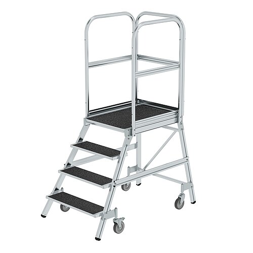 Podesttreppe eins. begehbar mit Federrollen Korundbeschichtung R13 4 Stufen 54104 Podesttreppe eins. begehbar mit Federrollen Korundbeschichtung R13 4 Stufen