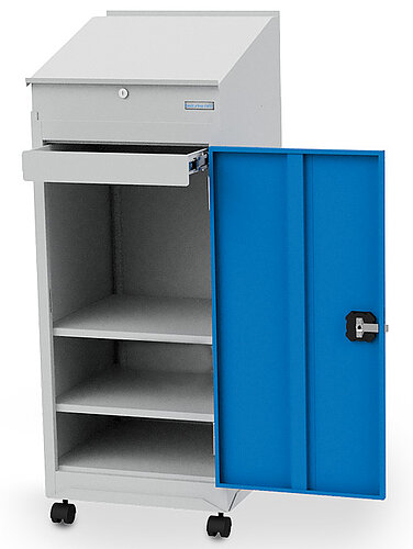 Flügeltürenschrank 105 mit Rolluntersatz Ø 125 mm und Pultaufsatz, Tiefe 500 mm, 2 x höhenverstellbare Fachböden, 1 x Schublade 04.105K Flügeltürenschrank 105 mit Rolluntersatz Ø 125 mm und Pultaufsatz, Tiefe 500 mm, 2 x höhenverstellbare Fachböden, 1 x Schublade