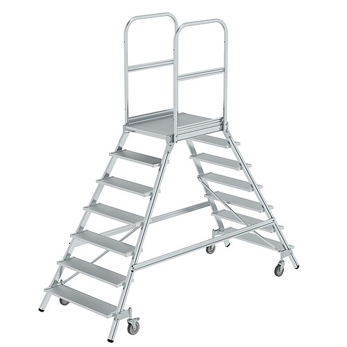 Podesttreppe beidseitig begehbar mit Federrollen Aluminium geriffelt 7 Stufen 50207 Podesttreppe beidseitig begehbar mit Federrollen Aluminium geriffelt 7 Stufen