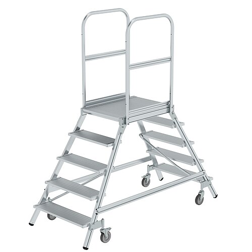 Podesttreppe beidseitig begehbar mit Federrollen Aluminium geriffelt 5 Stufen 50205 Podesttreppe beidseitig begehbar mit Federrollen Aluminium geriffelt 5 Stufen