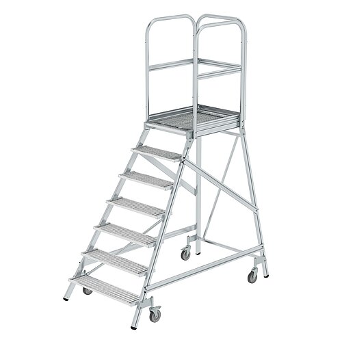 Podesttreppe einseitig begehbar mit Federrollen Stahl-Gitterrost 7 Stufen 51107 Podesttreppe einseitig begehbar mit Federrollen Stahl-Gitterrost 7 Stufen