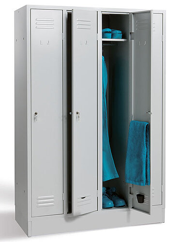Garderobenschrank 2 Abteile, Abteilbreite 300 mm, mit Hutboden, Kleiderstange, 2 x Schiebehaken, 1 x Handtuchhalter je Abteil, Drehriegelschloß 06.102DSA Garderobenschrank 2 Abteile, Abteilbreite 300 mm, mit Hutboden, Kleiderstange, 2 x Schiebehaken, 1 x Handtuchhalter je Abteil, Drehriegelschloß