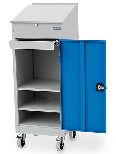 Flügeltürenschrank 105 mit Rolluntersatz Ø 50 mm, und Pultaufsatz, Tiefe 500 mm, 2 x höhenverstellbare Fachböden, 1 x Schublade 04.105K125 Flügeltürenschrank 105 mit Rolluntersatz Ø 50 mm, und Pultaufsatz, Tiefe 500 mm, 2 x höhenverstellbare Fachböden, 1 x Schublade