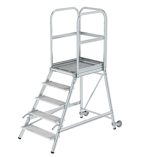 Podesttreppe eins. begehbar mit Rollen und Griffen Stahl-Gitterrost 5 Stufen 58105 Podesttreppe eins. begehbar mit Rollen und Griffen Stahl-Gitterrost 5 Stufen