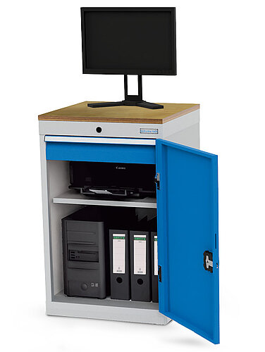 Computerschrank stationär, Tiefe 500 mm, 1 x Schublade, 1 x Fachboden, 1 x Flügeltüre 04.530.02oRA Computerschrank stationär, Tiefe 500 mm, 1 x Schublade, 1 x Fachboden, 1 x Flügeltüre