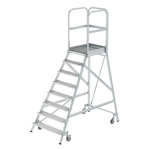 Podesttreppe einseitig begehbar mit Federrollen Stahl-Gitterrost 8 Stufen 51108 Podesttreppe einseitig begehbar mit Federrollen Stahl-Gitterrost 8 Stufen