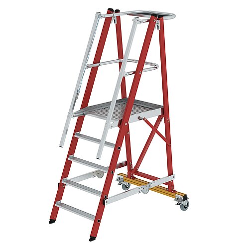 Plattformleiter GFK/Alu klappbar und fahrbar mit GFK-Handlauf 5 Stufen