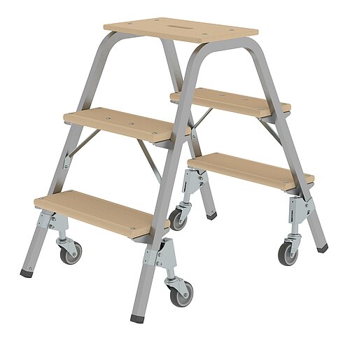 Stahl-Holz-Tritt mit Lenkrollen 2x3 Stufen