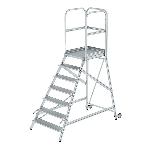 Podesttreppe einseitig begehbar mit Rollen und Griffen Aluminium geriffelt 7 Stufen 56107 Podesttreppe einseitig begehbar mit Rollen und Griffen Aluminium geriffelt 7 Stufen