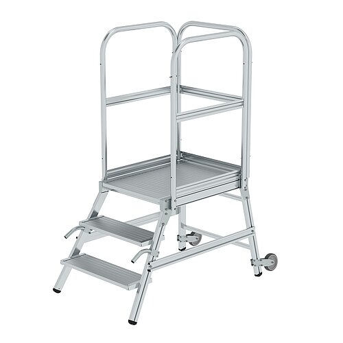 Podesttreppe einseitig begehbar mit Rollen und Griffen Aluminium geriffelt 3 Stufen 56103 Podesttreppe einseitig begehbar mit Rollen und Griffen Aluminium geriffelt 3 Stufen