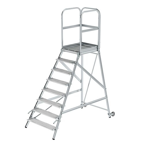 Podesttreppe eins. begehbar mit Rollen und Griffen Stahl-Gitterrost 8 Stufen 58108 Podesttreppe eins. begehbar mit Rollen und Griffen Stahl-Gitterrost 8 Stufen