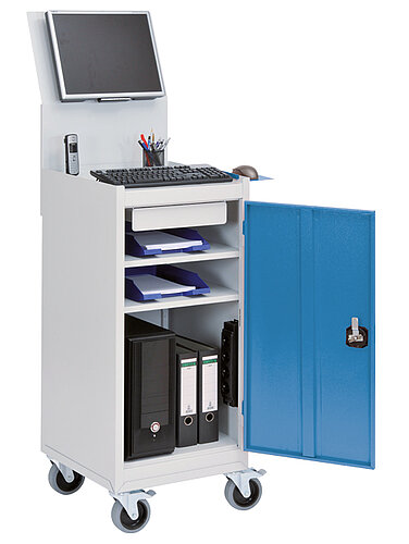 Computerwagen 105-1 mobil, 1 x Flügeltüre, 1 x Schublade, 2 x verstellbare Fachböden, 1 x Montitohalterung mit VESA-Verschraubung 04.105.MC125A Computerwagen 105-1 mobil, 1 x Flügeltüre, 1 x Schublade, 2 x verstellbare Fachböden, 1 x Montitohalterung mit VESA-Verschraubung