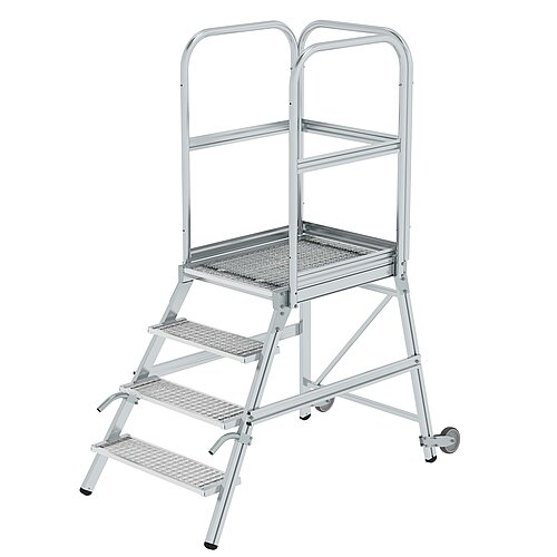 Podesttreppe eins. begehbar mit Rollen und Griffen Stahl-Gitterrost 4 Stufen 58104 Podesttreppe eins. begehbar mit Rollen und Griffen Stahl-Gitterrost 4 Stufen