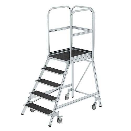 Podesttreppe eins. begehbar mit Federrollen Korundbeschichtung R13 5 Stufen 54105 Podesttreppe eins. begehbar mit Federrollen Korundbeschichtung R13 5 Stufen