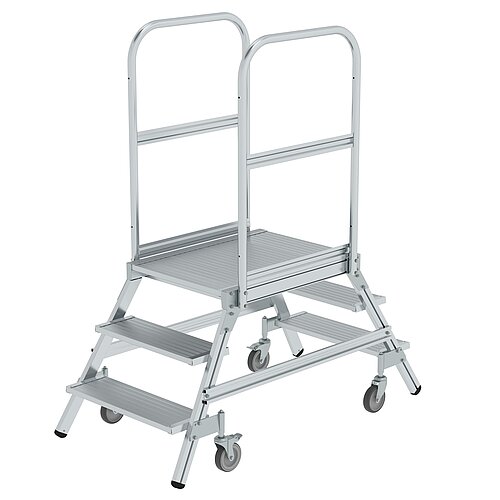 Podesttreppe beidseitig begehbar mit Federrollen Aluminium geriffelt 3 Stufen 50203 Podesttreppe beidseitig begehbar mit Federrollen Aluminium geriffelt 3 Stufen