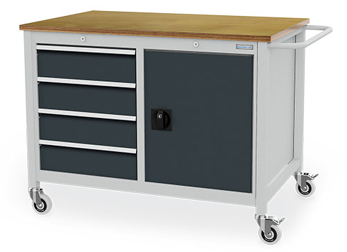 Mobile Werkbank Tiefe 736 mm, R 18-24, 4 x Schublade, 1 x Flügeltüre mit 1 x Fachboden Maße in mm (BxTxH): 1250 x 750 x 935