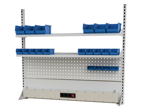 Werkbankaufbau 1500 mm, Multi-Wand-Aufbau ohne Beleuchtung und Obergestell, umfangreiches Zubehör, Energiekanal