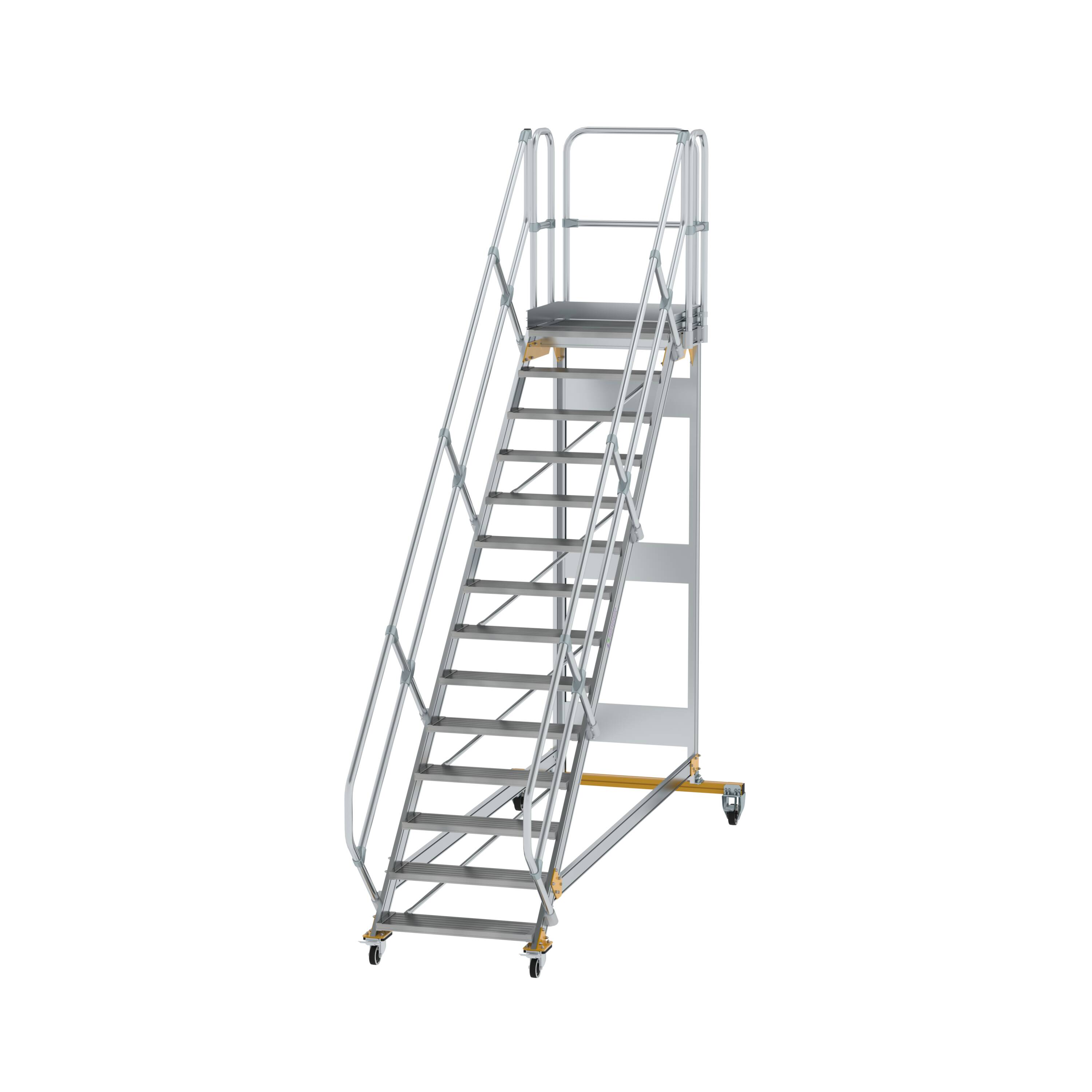 Plattformtreppe 45° fahrbar Stufenbreite 800 mm 14 Stufen Aluminium geriffelt